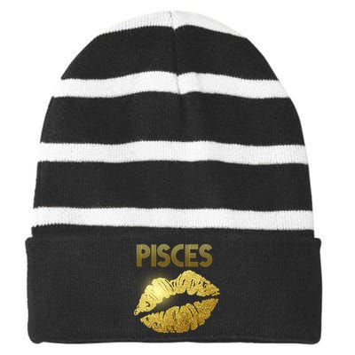 Limited Edition Pisces Zodiac Birthday Golden Lips Striped Beanie with Solid Band