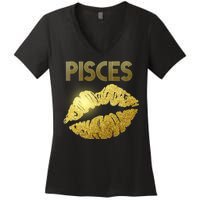 Limited Edition Pisces Zodiac Birthday Golden Lips Women's V-Neck T-Shirt