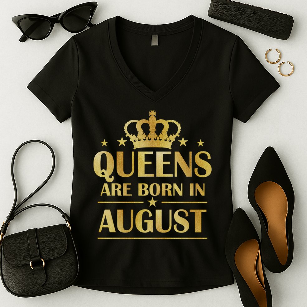 Limited Edition Queens Are Born In August Gold Print Women's V-Neck T-Shirt