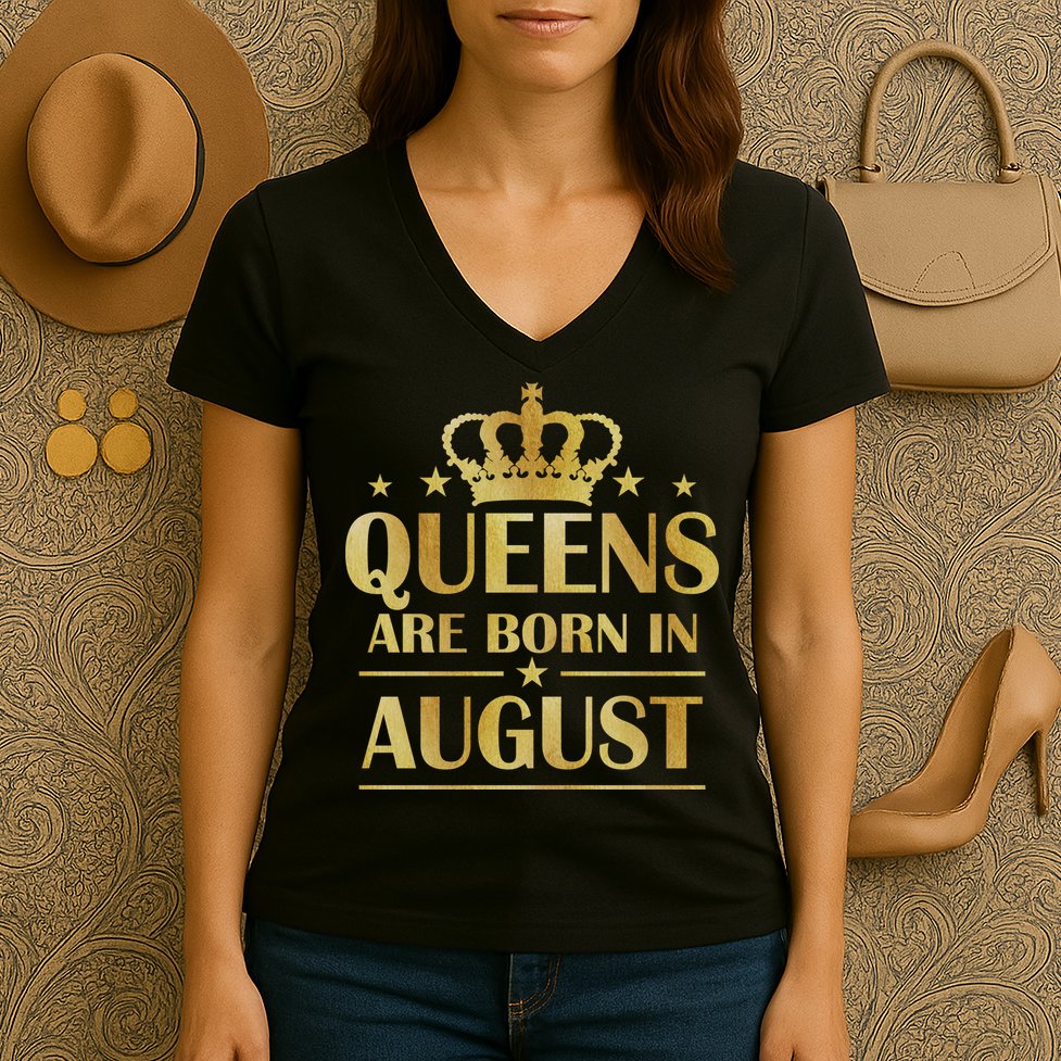 Limited Edition Queens Are Born In August Gold Print Women's V-Neck T-Shirt