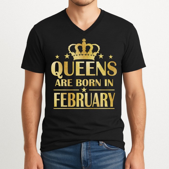 Limited Edition Queens Are Born In February Gold Print V-Neck T-Shirt