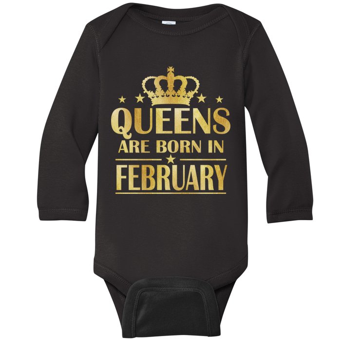 Limited Edition Queens Are Born In February Gold Print Baby Long Sleeve Bodysuit