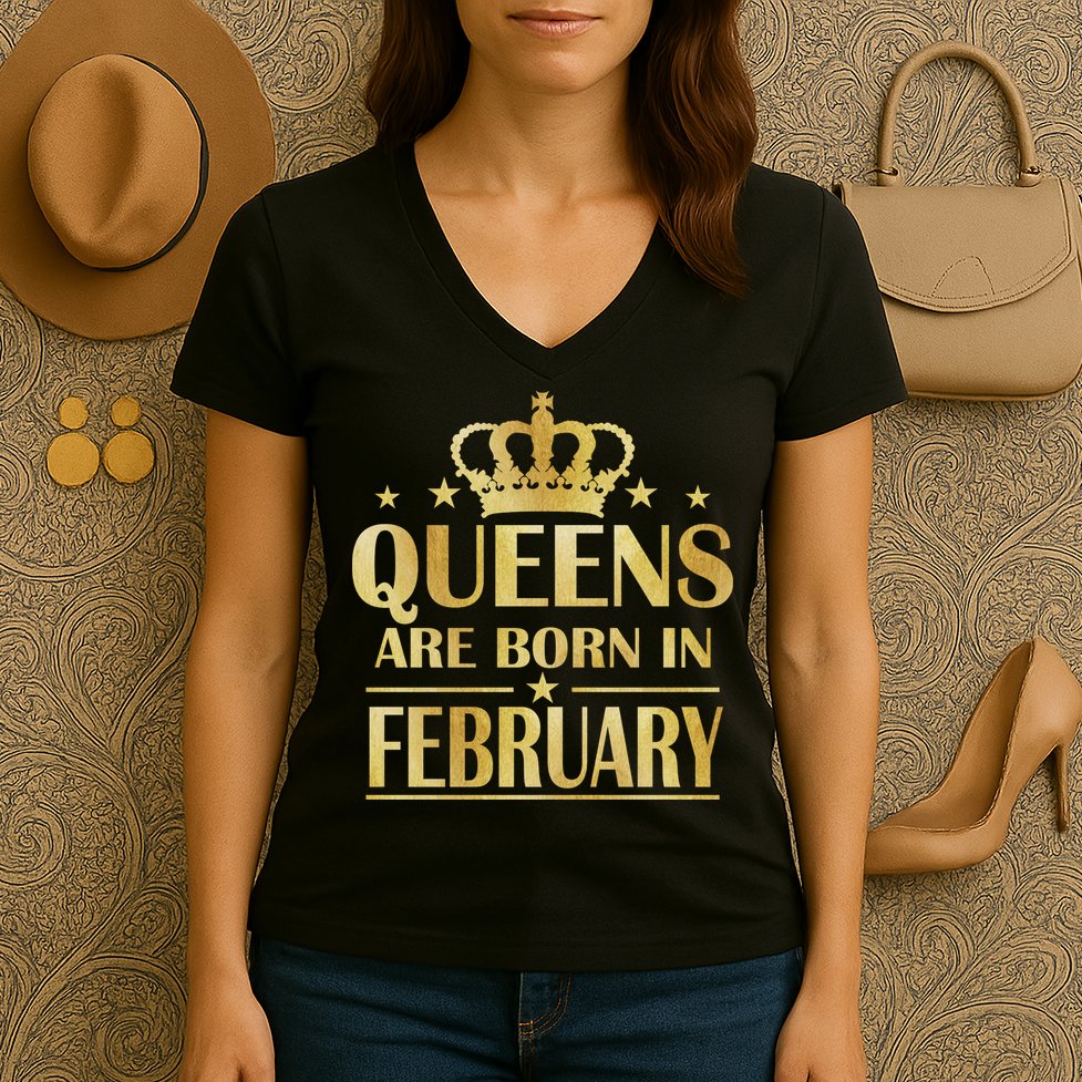 Limited Edition Queens Are Born In February Gold Print Women's V-Neck T-Shirt