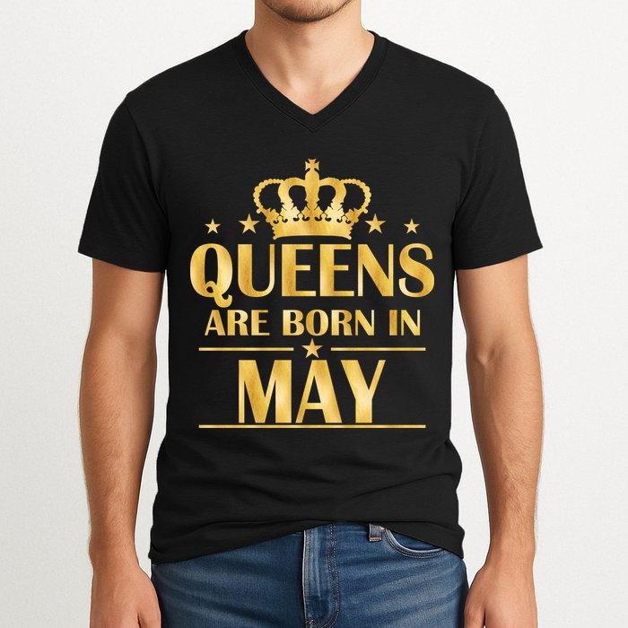 Limited Edition Queens Are Born In May Gold Print V-Neck T-Shirt