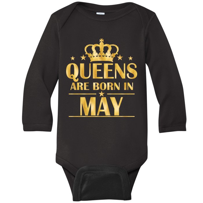 Limited Edition Queens Are Born In May Gold Print Baby Long Sleeve Bodysuit