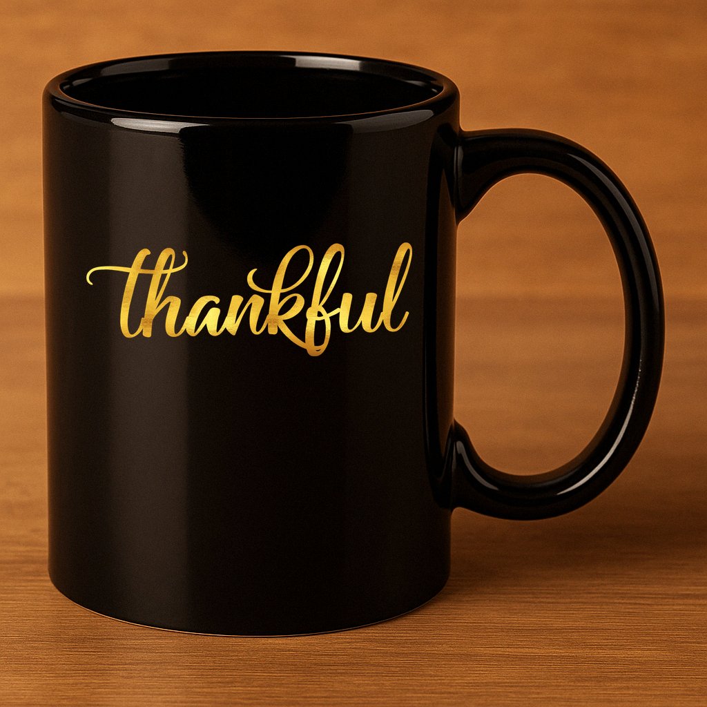 Limited Edition Thankful Thanksgiving Gold Print 11oz C Handle Ceramic Mug