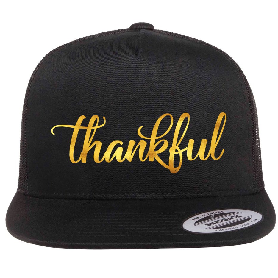 Limited Edition Thankful Thanksgiving Gold Print Flat Bill Trucker Hat