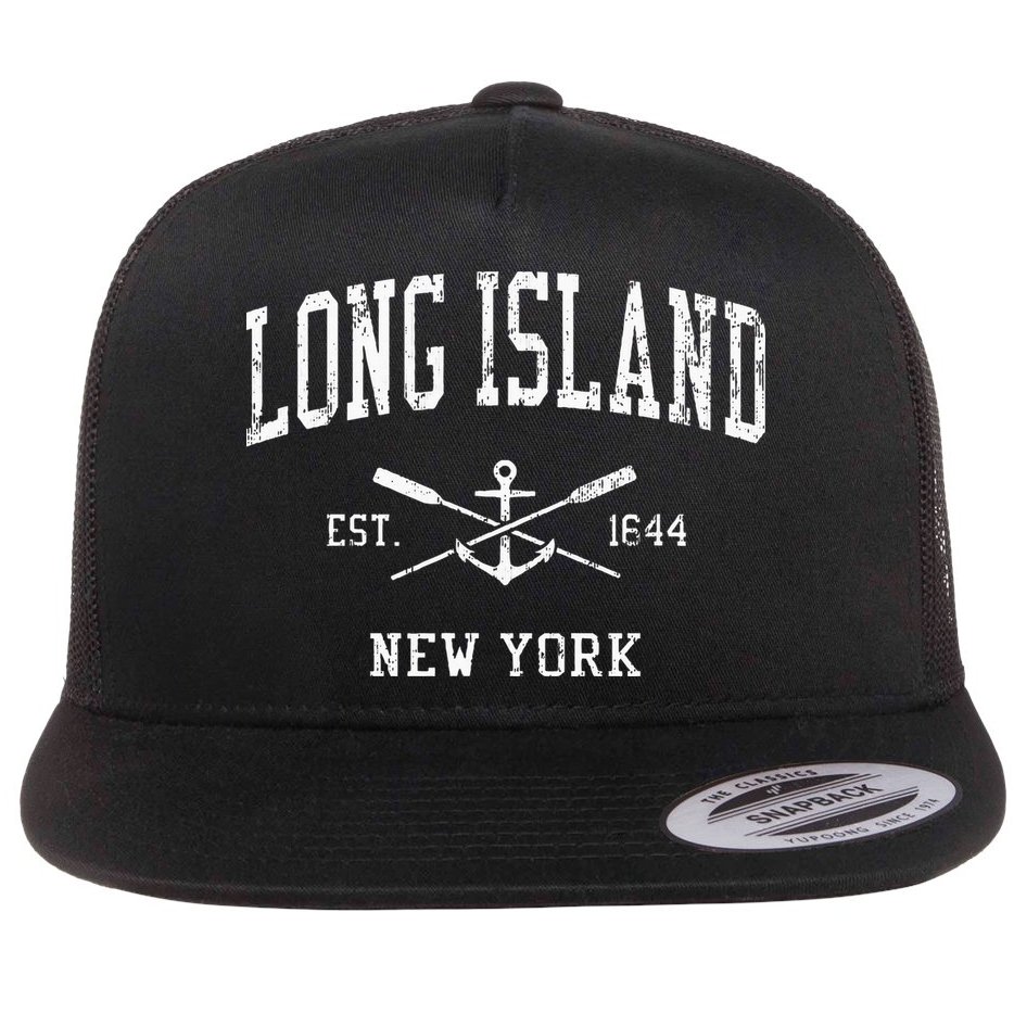 Long Island Ny Vintage Crossed Oars & Boat Anchor Sports Flat Bill Trucker Hat