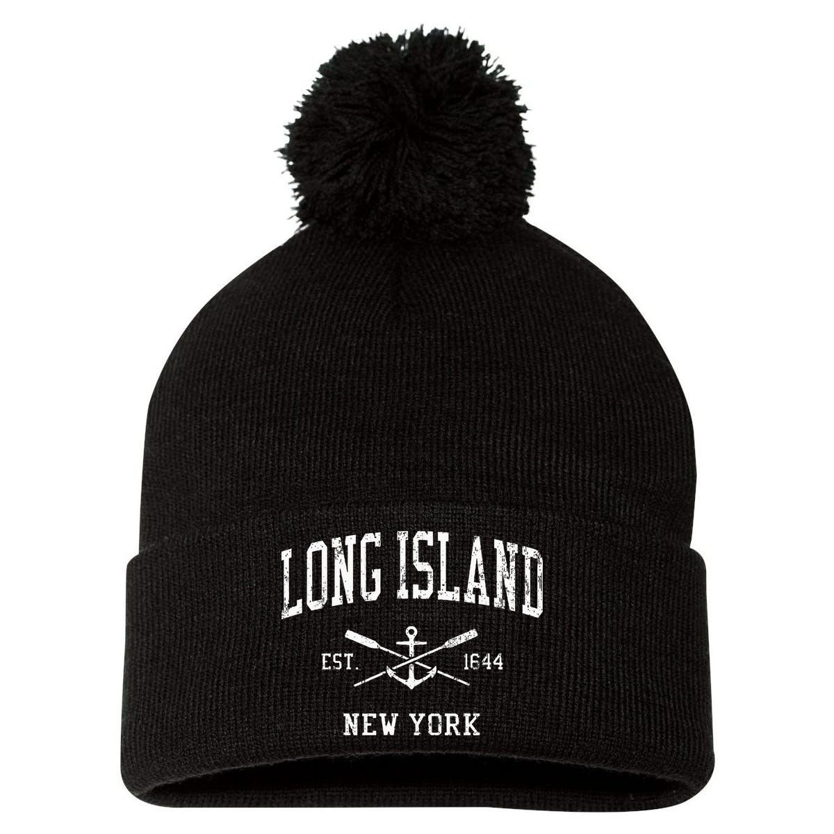 Long Island Ny Vintage Crossed Oars & Boat Anchor Sports Pom Pom 12in Knit Beanie