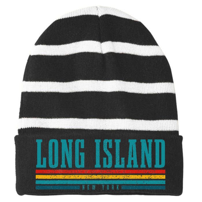 Long Island Ny New York Pride Vintage Long Island Striped Beanie with Solid Band