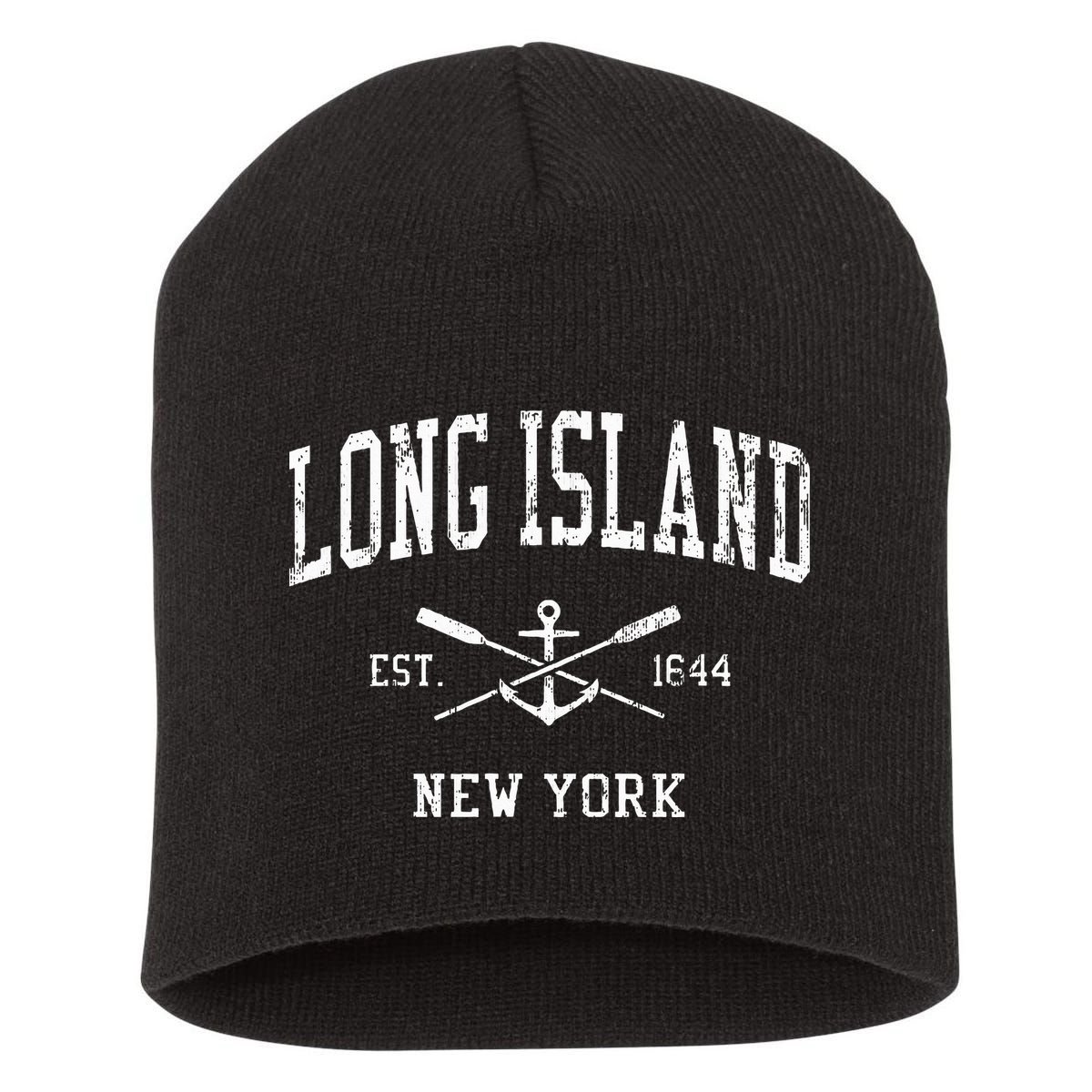 Long Island NY Vintage Crossed Oars & Boat Anchor Sports Short Acrylic Beanie