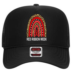 Leopard In October We Wear Red Ribbon Week Rainbow Drug Free High Crown Mesh Back Trucker Hat