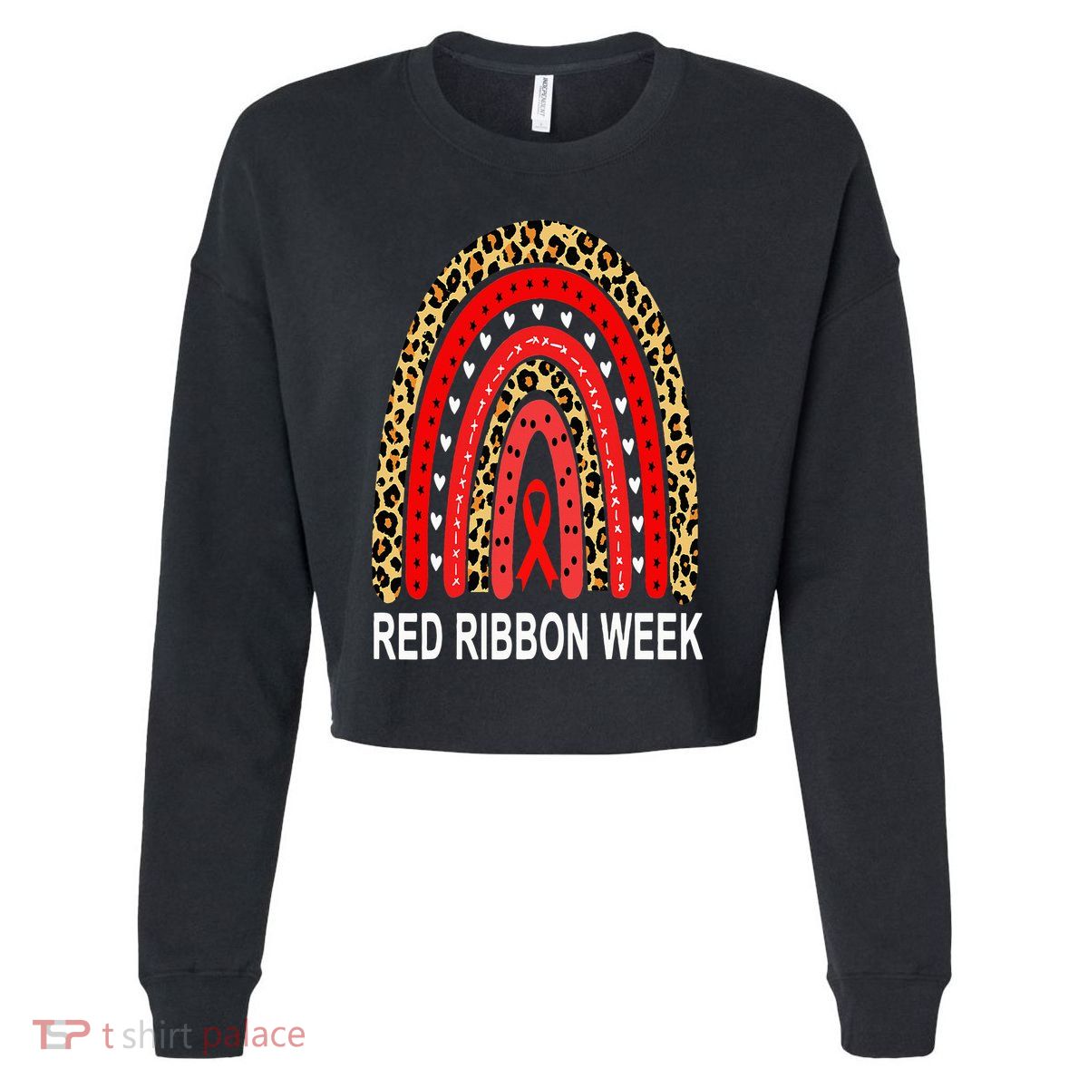 Leopard In October We Wear Red Ribbon Week Rainbow Drug Free Cropped Pullover Crew