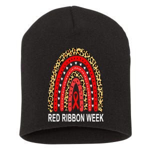 Leopard In October We Wear Red Ribbon Week Rainbow Drug Free Short Acrylic Beanie