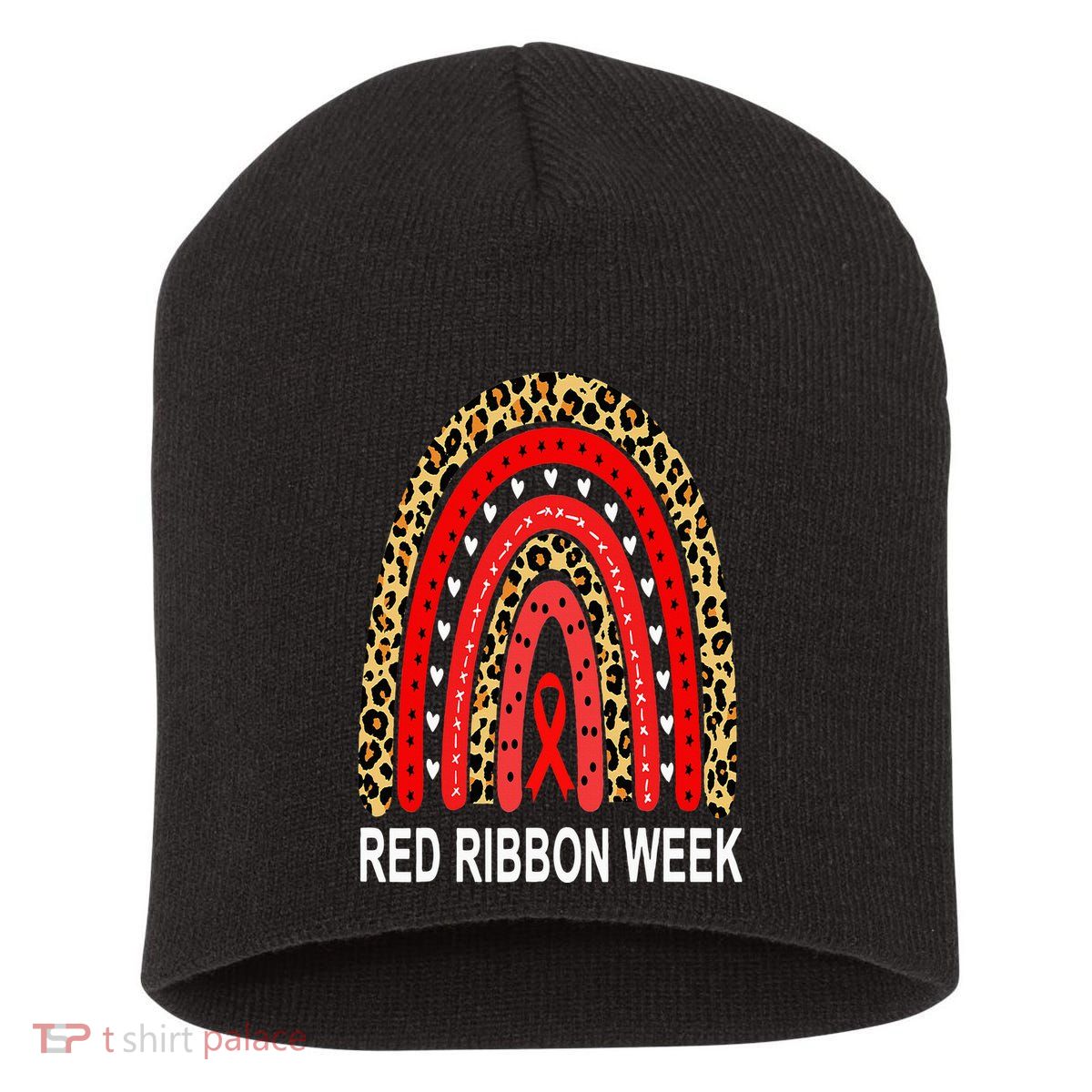 Leopard In October We Wear Red Ribbon Week Rainbow Drug Free Short Acrylic Beanie