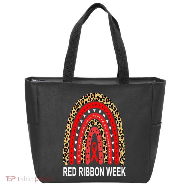 Leopard In October We Wear Red Ribbon Week Rainbow Drug Free Zip Tote Bag