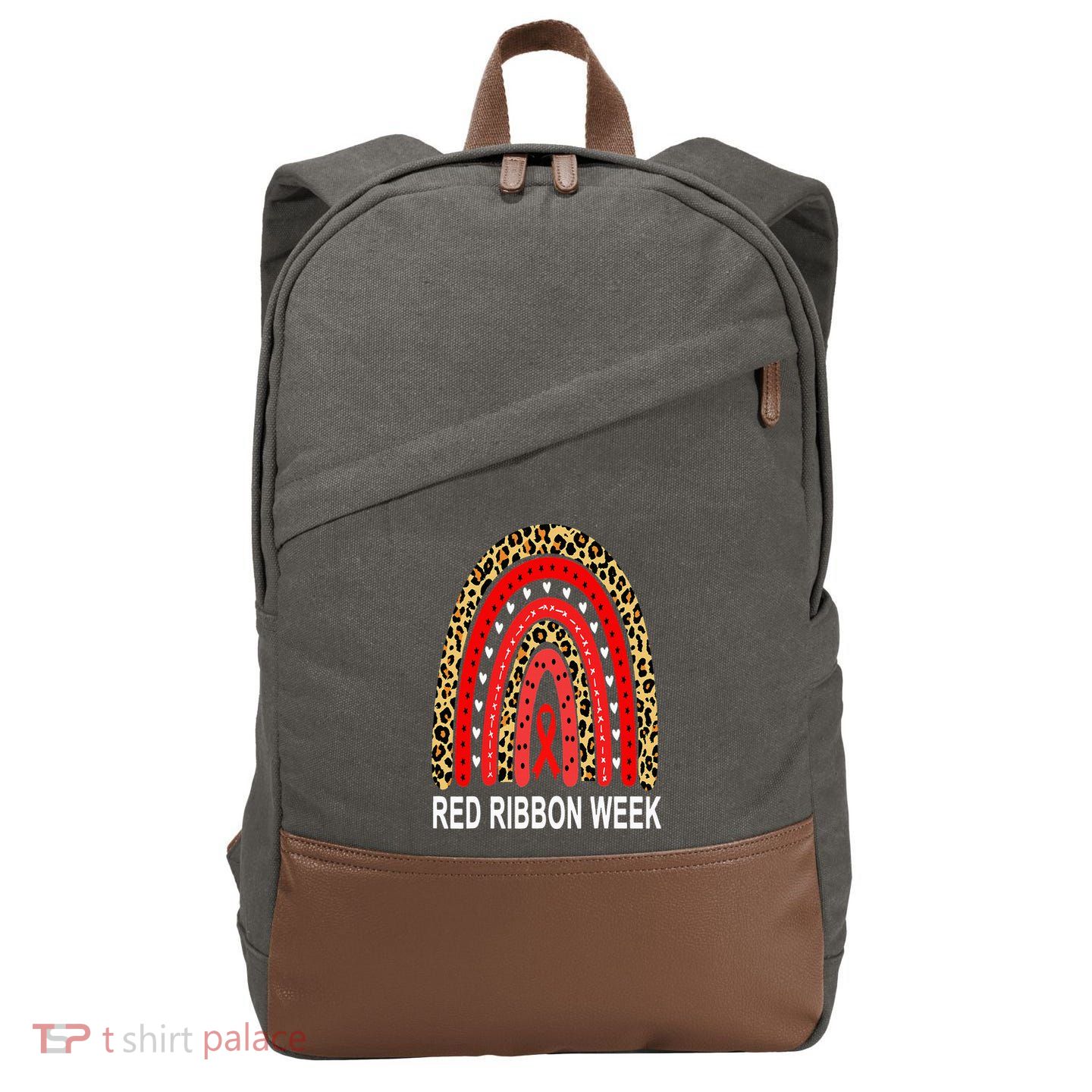 Leopard In October We Wear Red Ribbon Week Rainbow Drug Free Cotton Canvas Backpack