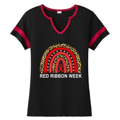 Leopard In October We Wear Red Ribbon Week Rainbow Drug Free Ladies Halftime Notch Neck Tee