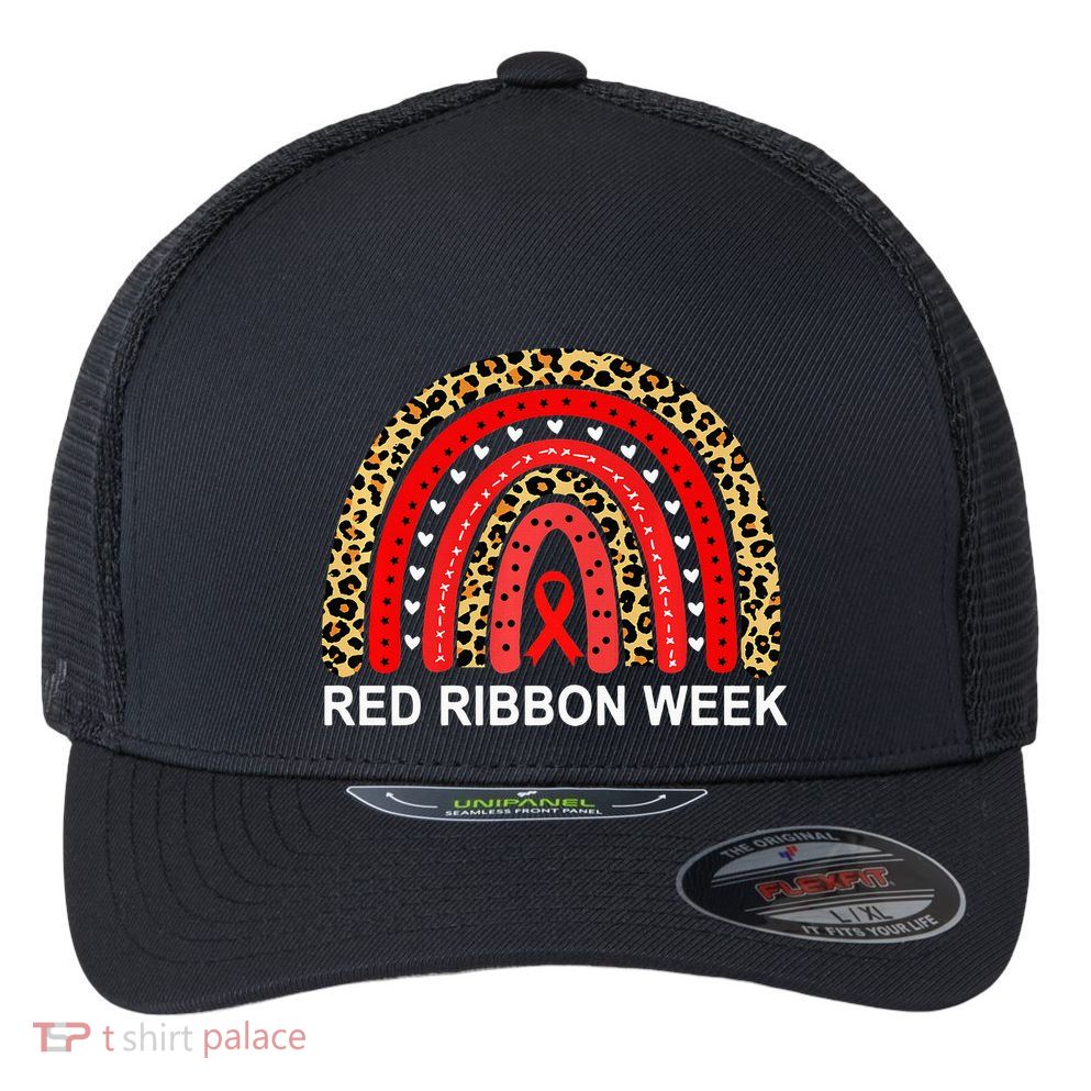 Leopard In October We Wear Red Ribbon Week Rainbow Drug Free Flexfit Unipanel Trucker Cap