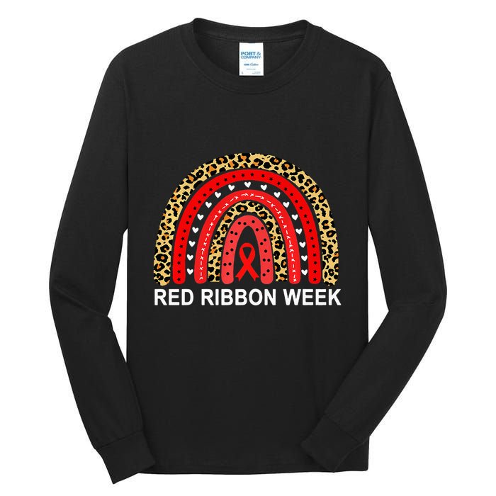 Leopard In October We Wear Red Ribbon Week Rainbow Drug Free Tall Long Sleeve T-Shirt