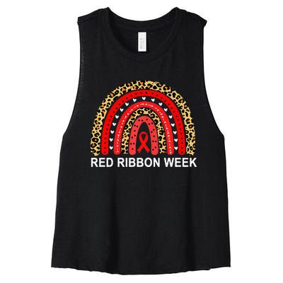 Leopard In October We Wear Red Ribbon Week Rainbow Drug Free Women's Racerback Cropped Tank