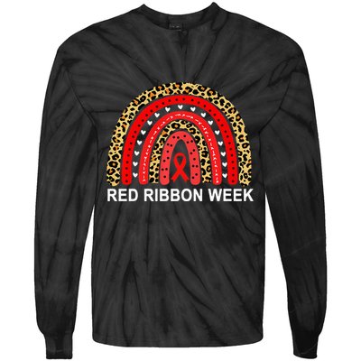 Leopard In October We Wear Red Ribbon Week Rainbow Drug Free Tie-Dye Long Sleeve Shirt
