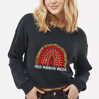 Leopard In October We Wear Red Ribbon Week Rainbow Drug Free Cropped Pullover Crew