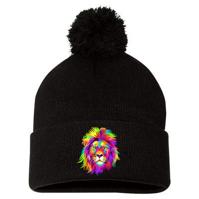 Lion Abstract Portrait Colorful Head Pom Pom 12in Knit Beanie