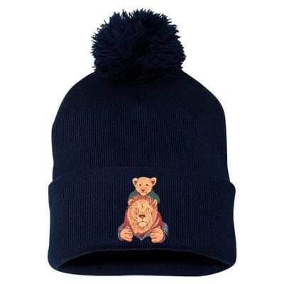 Lion Father And Son Pom Pom 12in Knit Beanie