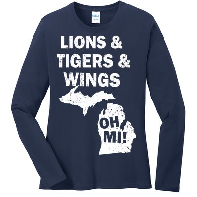 Lions Tigers Wings Oh MI Vintage Ladies Long Sleeve Shirt