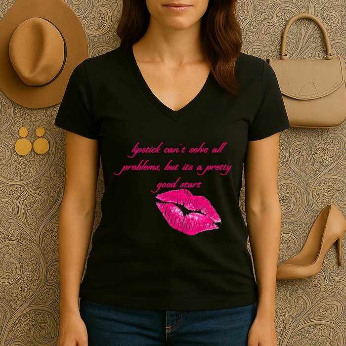 Lipstick Can't Solve All Pretty Problems But It's A Good Start Women's V-Neck T-Shirt