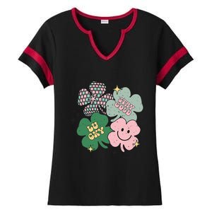 Lucky Irish Shamrock Disco Groovy Clover Leaf Patrick's Day Ladies Halftime Notch Neck Tee