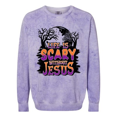 Life Is Scary Without Jesus Christian Halloween Tree Bible Colorblast Crewneck Sweatshirt