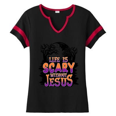 Life Is Scary Without Jesus Christian Halloween Tree Bible Ladies Halftime Notch Neck Tee