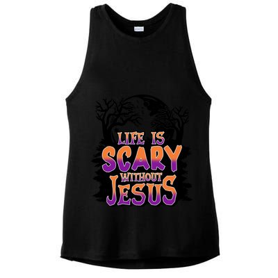 Life Is Scary Without Jesus Christian Halloween Tree Bible Ladies PosiCharge Tri-Blend Wicking Tank