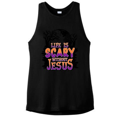 Life Is Scary Without Jesus Christian Halloween Tree Bible Ladies PosiCharge Tri-Blend Wicking Tank