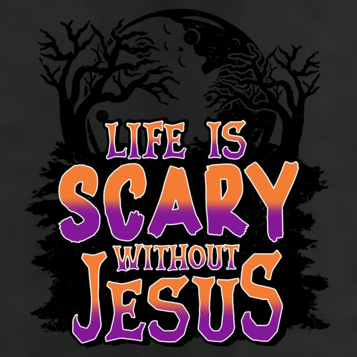 Life Is Scary Without Jesus Christian Halloween Tree Bible 7 Panel Mesh Trucker Snapback Hat
