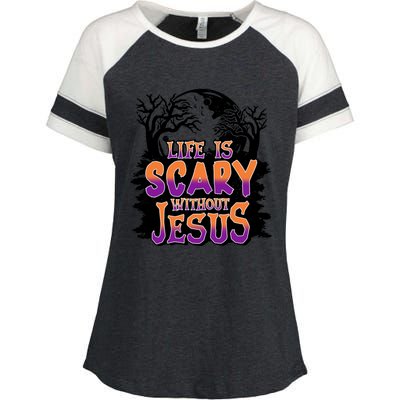 Life Is Scary Without Jesus Christian Halloween Tree Bible Enza Ladies Jersey Colorblock Tee