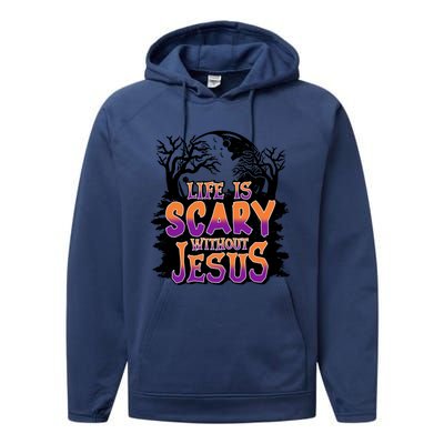 Life Is Scary Without Jesus Christian Halloween Tree Bible Performance Fleece Hoodie