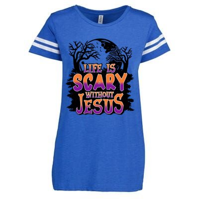 Life Is Scary Without Jesus Christian Halloween Tree Bible Enza Ladies Jersey Football T-Shirt