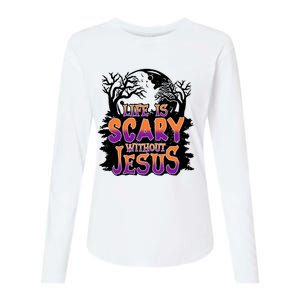 Life Is Scary Without Jesus Christian Halloween Tree Bible Womens Cotton Relaxed Long Sleeve T-Shirt