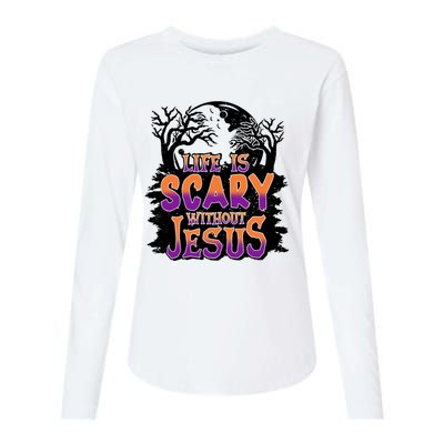 Life Is Scary Without Jesus Christian Halloween Tree Bible Womens Cotton Relaxed Long Sleeve T-Shirt