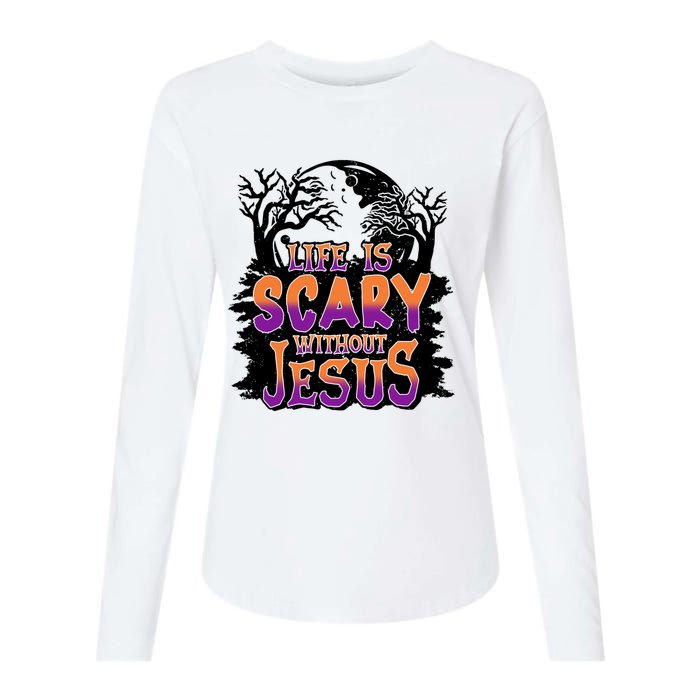 Life Is Scary Without Jesus Christian Halloween Tree Bible Womens Cotton Relaxed Long Sleeve T-Shirt