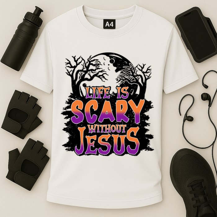 Life Is Scary Without Jesus Christian Halloween Tree Bible Cooling Performance Crew T-Shirt