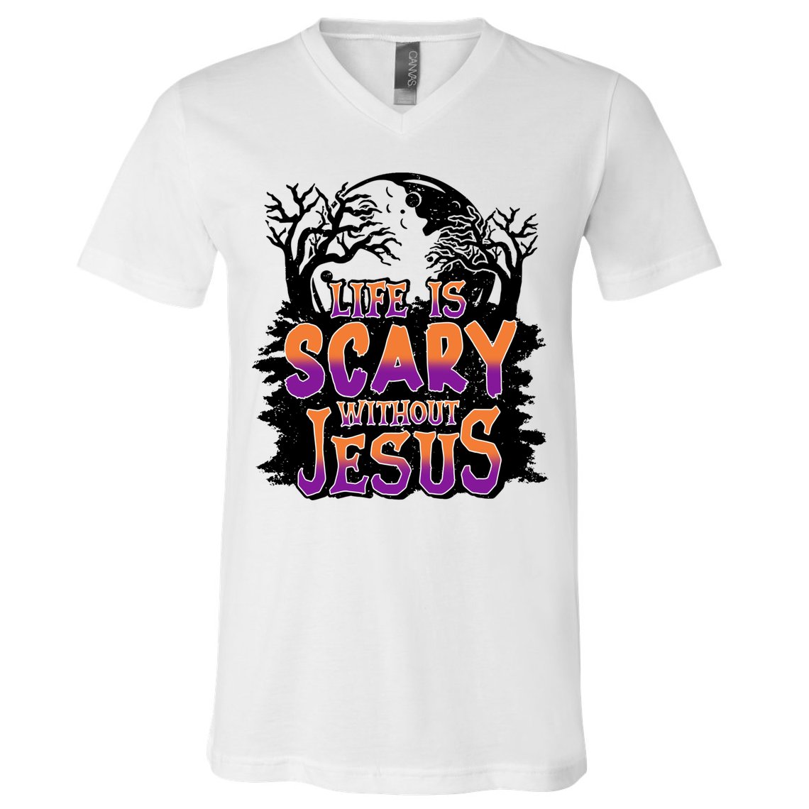 Life Is Scary Without Jesus Christian Halloween Tree Bible V-Neck T-Shirt
