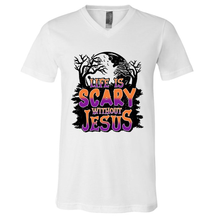 Life Is Scary Without Jesus Christian Halloween Tree Bible V-Neck T-Shirt