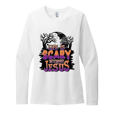 Life Is Scary Without Jesus Christian Halloween Tree Bible Womens CVC Long Sleeve Shirt