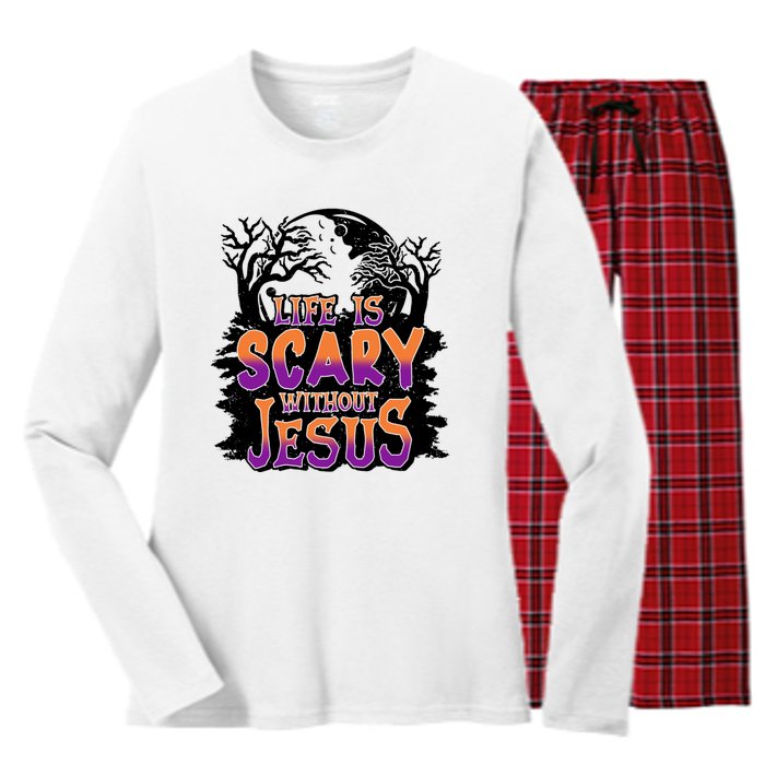 Life Is Scary Without Jesus Christian Halloween Tree Bible Women's Long Sleeve Flannel Pajama Set 