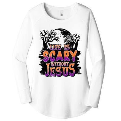 Life Is Scary Without Jesus Christian Halloween Tree Bible Women's Perfect Tri Tunic Long Sleeve Shirt