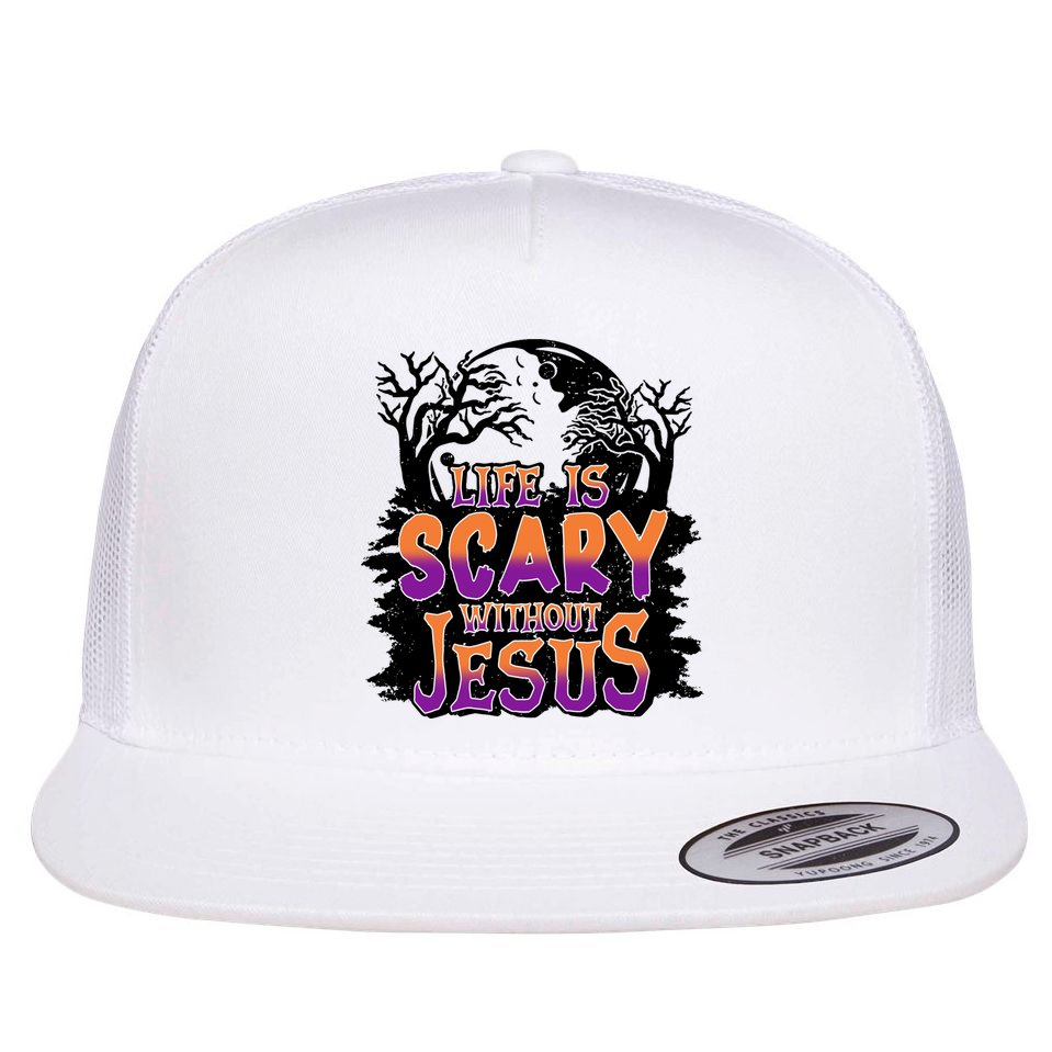 Life Is Scary Without Jesus Christian Halloween Tree Bible Flat Bill Trucker Hat